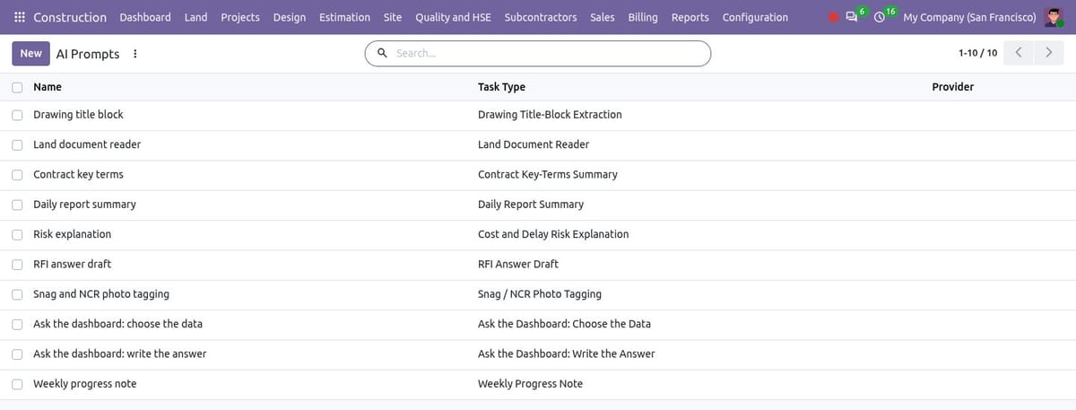 AI Prompts list with one editable prompt per task type