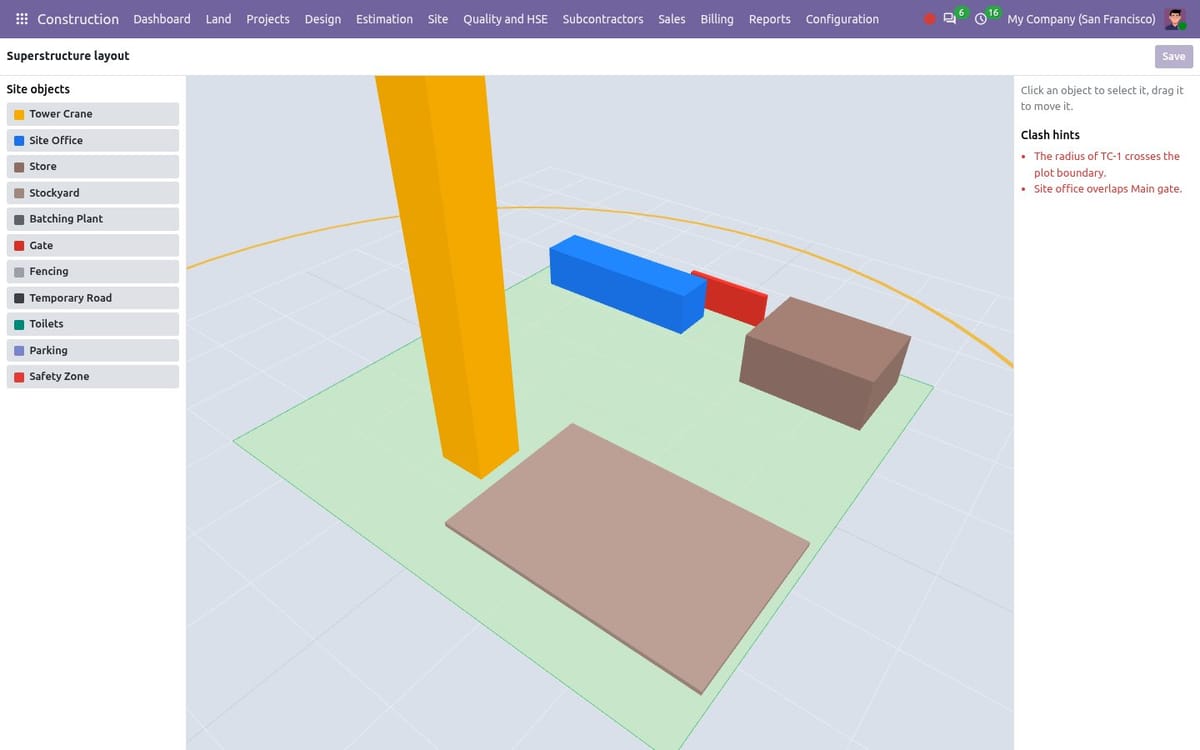 Site layout planner with tower crane, site office, store and clash hints