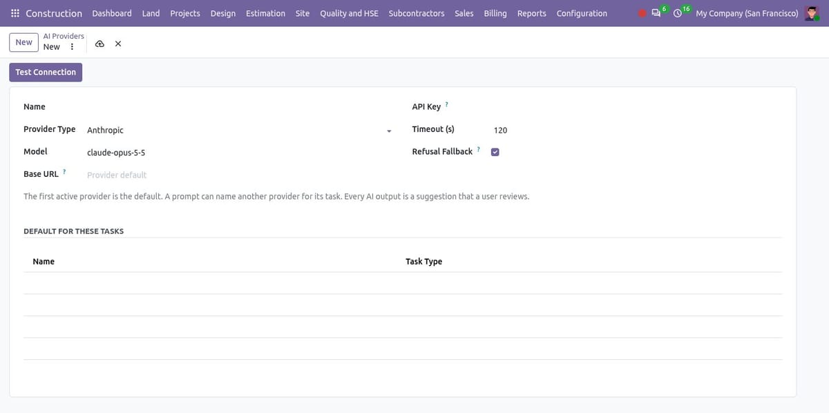AI provider form with provider type, model, base URL, API key, timeout and Test Connection button