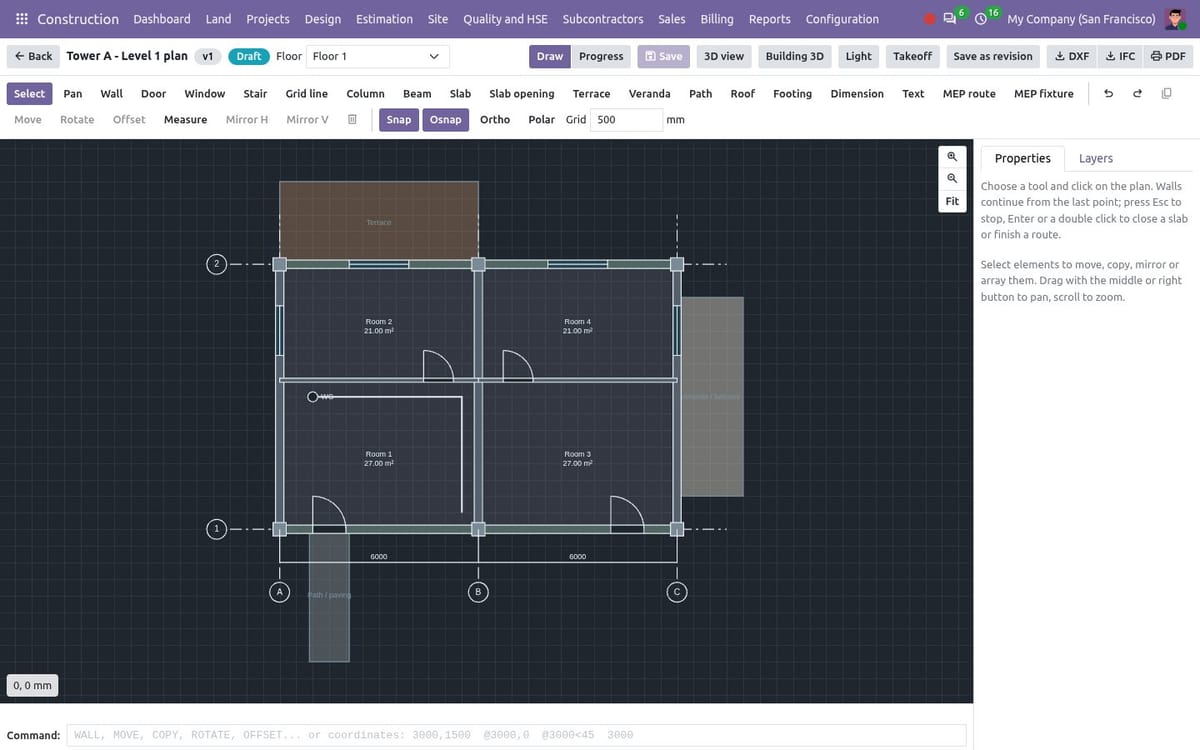 Design Editor with a floor plan on a dark model space, drawing tools, snaps and the command line