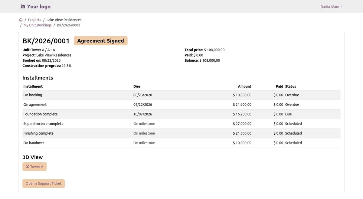 Portal booking page with price, balance, construction progress, installments, 3D view and support ticket button