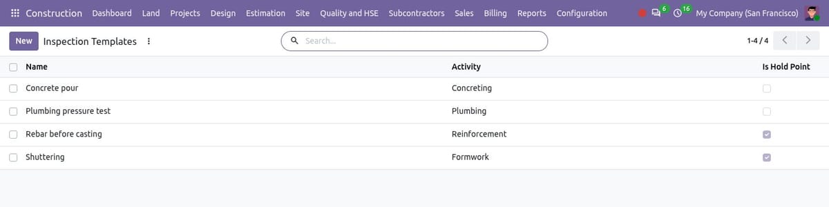 Inspection templates list with activity and hold point flag
