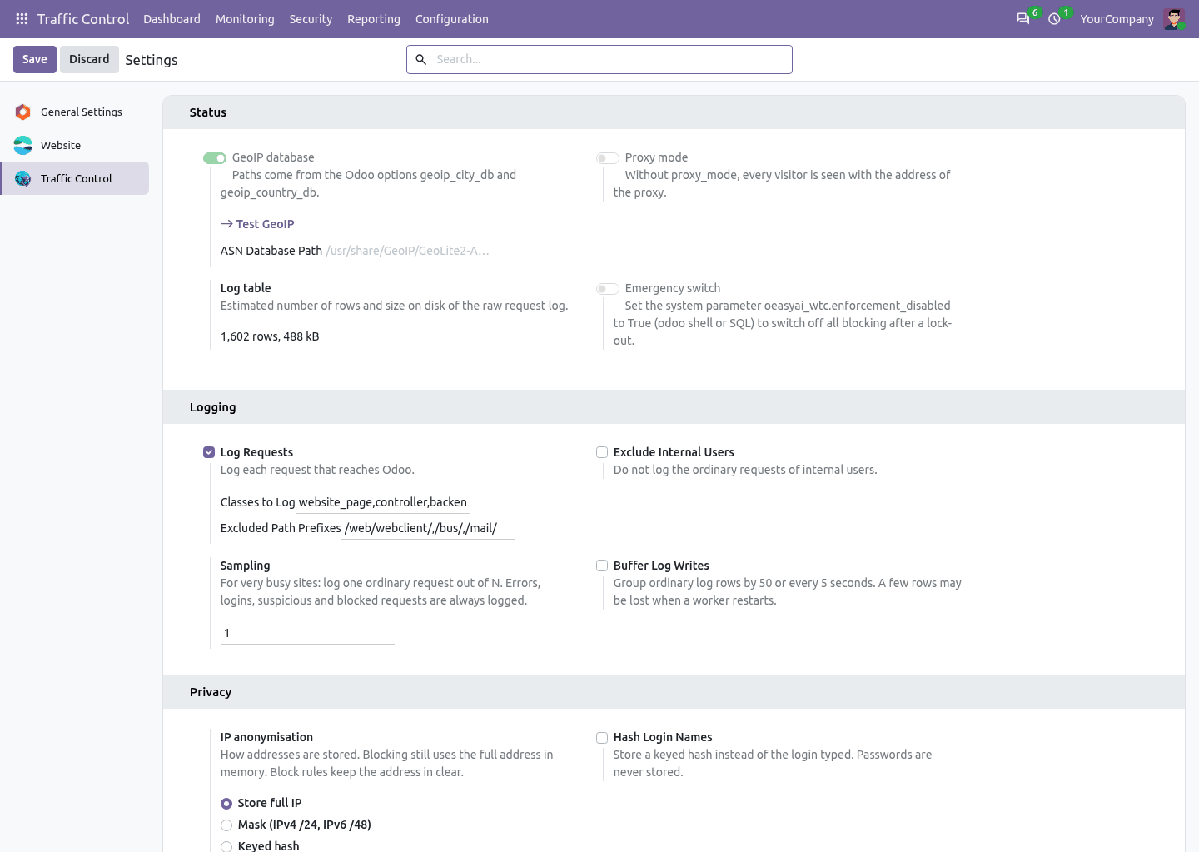 Traffic Control settings page with status, logging, privacy, detection, login protection, enforcement and notifications
