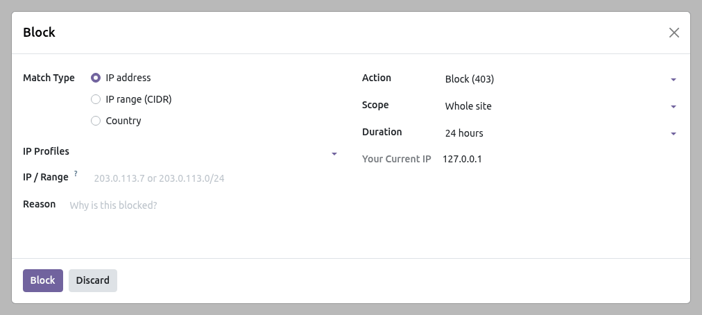 Block wizard with match type, action, scope and duration