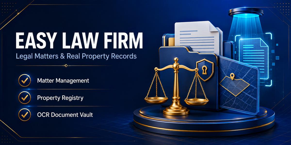 Easy Law Firm Management — Legal Case, Matter & Land Records with OCR banner