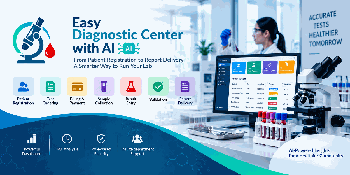 Easy Diagnostic Center with AI | Pathology Lab, Laboratory Management, LIMS, Lab Test, Sample, Result, AI Assistant, Report & Dashboard banner
